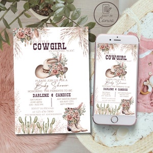 Boho little cowgirl baby shower invitation, Editable Wild west girl invite, Printable country Western sprinkle template, Floral rodeo evite