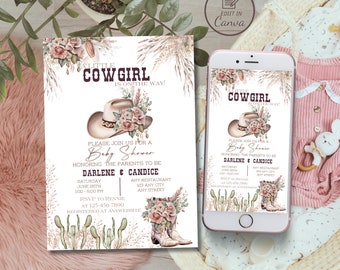 May include: A pink and brown baby shower invitation featuring a cowboy hat and boots. The text reads "A Little Cowgirl is on the way!" and includes the names "Darlene & Candice".