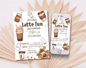 Invito di compleanno al caffè per donna, invito per adulti con latte divertente, invito per festa di compleanno per adolescenti con latte frappè e cappuccino, modello per la festa che si sta preparando