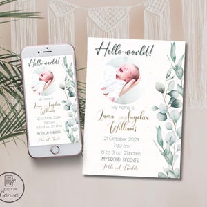 Annuncio di nascita digitale Greenery, e-card con foto di nascita di un bambino in eucalipto, eleganti biglietti per neonati, invito minimalista per il 1° compleanno, gender neutral