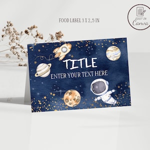 Bearbeitbare Weltraum-Party gefaltete Lebensmitteletikettenvorlage, benutzerdefinierte Galaxiezelt-Platzkarte Astronauten-Babypartynamenskarte Dekorationen aus dieser Welt