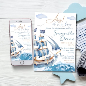 Ahoy, è un invito per la baby shower di un ragazzo, invito nautico blu per bambini, modello blu scuro modificabile, ragazzo stampabile a tema oceano e mare