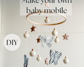 DIY Make your own baby mobile butterfly, Wooden butterfly crib mobile, Felted balls and stars baby shower announcement gift