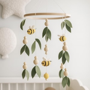 Floral Forest Bees style baby crib mobile, Floral green leaves,Leaf crib mobile,Baby shower gift, Minimalist mobile Inactive,Floral nursery