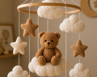 Móvil infantil con osito de peluche sobre nube de bouclé, móvil infantil neutro, móvil de cuna con estrellas, móvil de nubes, móvil infantil minimalista