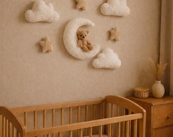 Nursery Wall Decor Set – Moon with Teddy Bear, Clouds & Stars | Neutral Baby Room Decoration | Baby Shower Gift