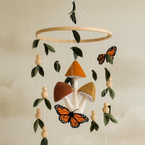 Monarch butterfly, Mushrooms Forest style baby crib mobile, Floral nursery baby mobile, Lighter and darker leaves Leaf crib mobile Butterfly