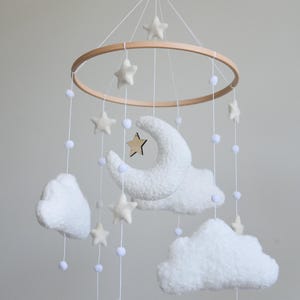 Personalizable boucle clouds and moon baby nursery mobile, Neutral baby mobile, Neutral nursery mobile, Clouds mobile, Felted stars mobile