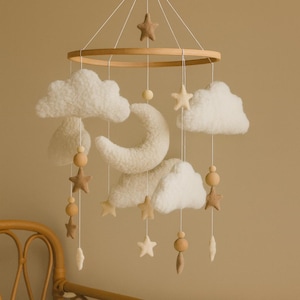 Boucle clouds and moon baby nursery mobile, Neutral baby mobile, Neutral nursery mobile, Clouds mobile, Felted stars mobile