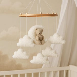 Teddy bear on moon Boucle cloud nursery baby mobile, Neutral nursery mobile, Stars baby crib mobile, Clouds mobile,Minimalist nursery mobile