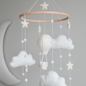 Hot air balloon Boucle clouds nursery baby mobile, Neutral nursery mobile, Clouds baby crib mobile, Clouds mobile, Minimalist nursery mobile