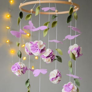 Purple white flowers baby nursery mobile, Butterfly baby crib mobile, Baby shower gift, leaf cot mobile, Nursery mobile for baby girl, Baby