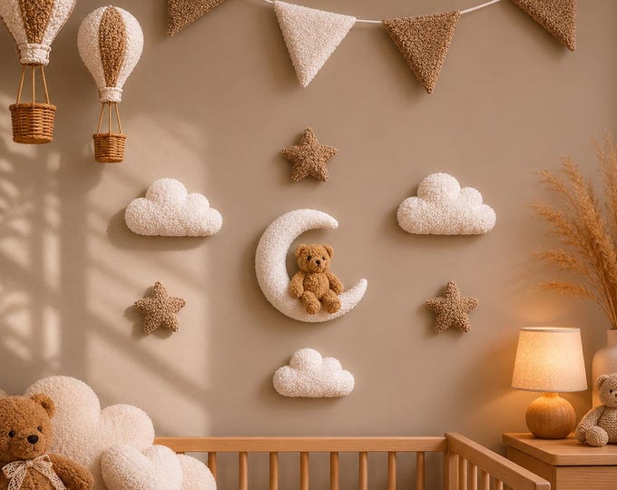 Nursery Wall Decor Set – Moon with Teddy Bear, Clouds & Stars | Neutral Baby Room Decoration | Baby Shower Gift