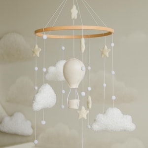 Hot air balloon Boucle clouds nursery baby mobile, Neutral nursery mobile, Clouds baby crib mobile, Clouds mobile, Minimalist nursery mobile