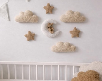 Nursery Wall Decor Set – Moon with Teddy Bear, Clouds & Stars | Neutral Baby Room Decoration | Baby Shower Gift