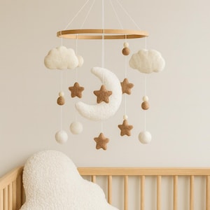Boucle clouds and moon baby nursery mobile, Neutral baby mobile, Neutral nursery mobile, Clouds mobile, Felted stars mobile