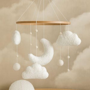 Boucle clouds and moon baby nursery mobile, Neutral baby mobile, Neutral nursery mobile, Clouds mobile, Felted stars mobile
