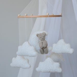 Teddy bear on moon Boucle cloud nursery baby mobile, Neutral nursery mobile, Stars baby crib mobile, Clouds mobile,Minimalist nursery mobile