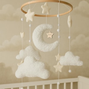 Personalizable boucle clouds and moon baby nursery mobile, Neutral baby mobile, Neutral nursery mobile, Clouds mobile, Felted stars mobile
