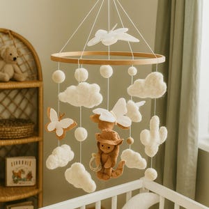 Butterflys cowboy and clouds nursery baby mobile, Neutral nursery mobile, Clouds baby crib mobile, Clouds mobile, Minimalist nursery mobile
