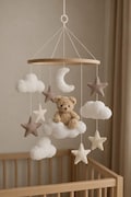 Teddy bear on moon Boucle cloud nursery baby mobile, Neutral nursery mobile, Stars baby crib mobile, Clouds mobile,Minimalist nursery mobile product logo