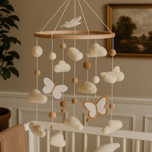 Butterflys  and clouds nursery baby mobile, Neutral nursery mobile, Clouds baby crib mobile, Clouds mobile, Minimalist nursery mobile