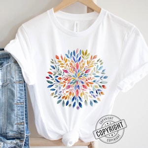 Blumen Mandala T-Shirt, buntes Aquarell Design, Frauen Yoga Shirt