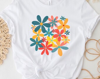 Blumen T-Shirt, Floral Shirt, süßes buntes Blumen Shirt, Retro Blumen T-Shirt, Frauen Floral Grafik T-Shirt, Geschenk für Gärtner