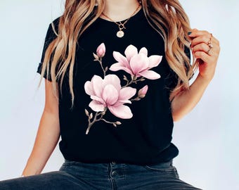 Chemise magnolia : t-shirt fleurs aquarelle, t-shirt floral printanier, cadeau pour amoureux des plantes