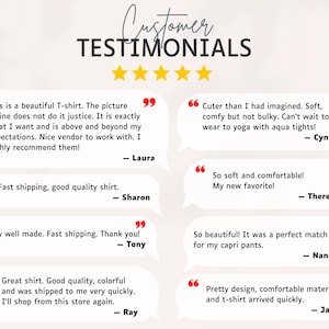 K&ouml;nnte beinhalten: Eine grafische Darstellung mit dem Titel Customer Testimonials und f&uuml;nf gelben Sternen. Sie enth&auml;lt sechs wei&szlig;e Sprechblasen mit Kundenbewertungen zu einem T-Shirt, zugeschrieben an Laura, Cynthia, Sharon, Theresa, Tony, Nancy, Ray und Janet.