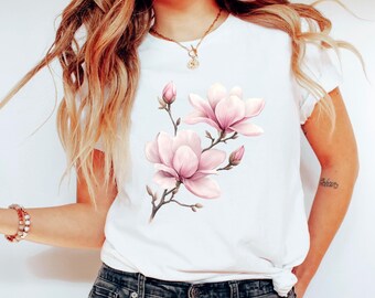 Chemise magnolia : t-shirt fleurs aquarelle, t-shirt floral printanier, cadeau pour amoureux des plantes