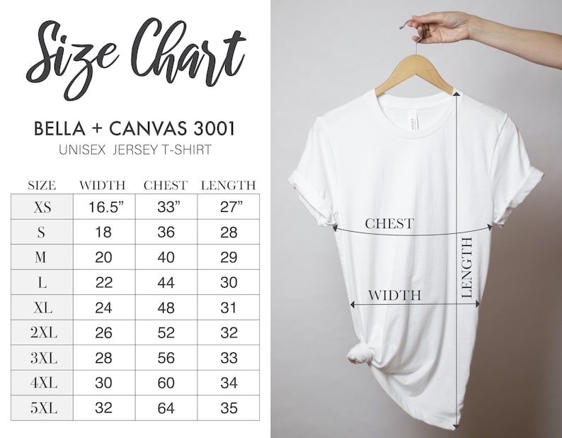 K&ouml;nnte beinhalten: Ein wei&szlig;es Bella + Canvas 3001 Unisex-Jersey-T-Shirt an einem Holzkleiderb&uuml;gel. Eine Gr&ouml;&szlig;entabelle zeigt Ma&szlig;e in Zoll f&uuml;r die Gr&ouml;&szlig;en XS bis 5XL, einschlie&szlig;lich Spalten f&uuml;r Breite, Brustumfang und L&auml;nge mit den entsprechenden Werten.