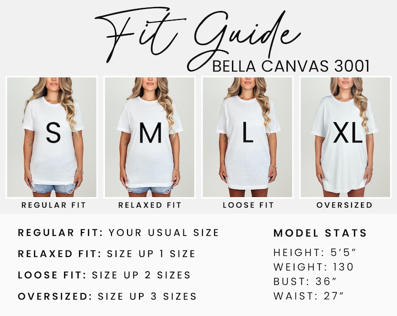 K&ouml;nnte beinhalten: Ein Gr&ouml;&szlig;enratgeber f&uuml;r Bella Canvas 3001 T-Shirts mit vier Gr&ouml;&szlig;en S, M, L und XL. Der Text zeigt die Passformen Regular, Relaxed, Loose und Oversized. Die Model-Ma&szlig;e sind: K&ouml;rpergr&ouml;&szlig;e 165 cm, Gewicht 59 kg, Brustumfang 91 cm, Taillenumfang 69 cm.