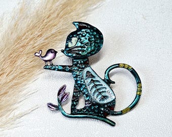 Pin - Anstecker - Anstecknadel - Brosche - Button- Clup - Katze mit Vogel