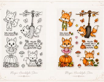 14-piece stamp set with 14 individual fox stamps for your autumn DIY projects