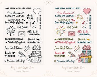21-piece stamp set with German birthday sayings, congratulations, and cute, heartfelt motifs.