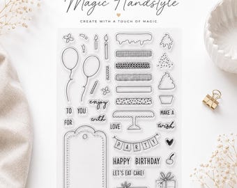 Birthday Stamp Set | 38 Clear Stamps with Balloons, Gifts & Party Motifs