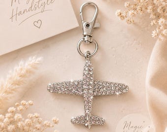 Airplane keychain with rhinestones | Silver airplane pendant | Gift for travel lovers & globetrotters