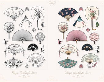 Elegant Japanese stamp set - 16 beautiful stamps on the theme of fans in Asian design