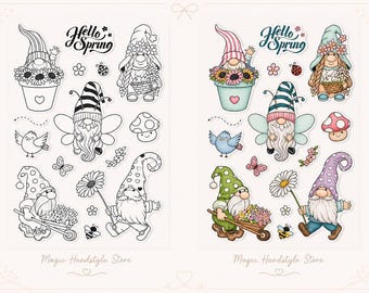 Spring-themed gnome stamp set with 15 spring motifs