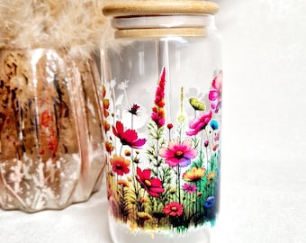 Drinking glass - Glass with bamboo lid and straw - Flower lover - Flower - Drinking glasses - Summer