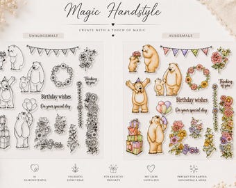 Cute Bear Stamp Set | 16 Transparent Silicone Stamps | Birthday & Greeting Cards