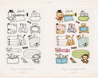 14-piece stamp set in kawaii design with labeling fields and small animals
