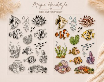 Silicone Stamp Set of Sea Creatures | 15 Underwater Motifs | Fish Stamps | Scrapbooking | Card Making | Journaling