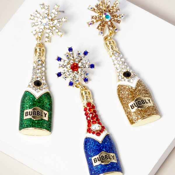 Crystal Pave Champagne Bottle Dangle Drop Earrings