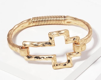 Hammered Cross Bangle Bracelet, Chunky Zinc Alloy Hinged Cuff