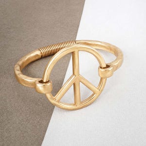 Peace Symbol Hammered Zinc Alloy Bangle, Hook-Closure Cuff