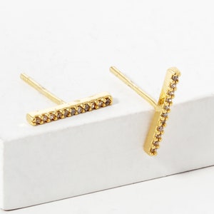 18K Gold Dipped Delicate CZ Pave Bar Stud Earrings