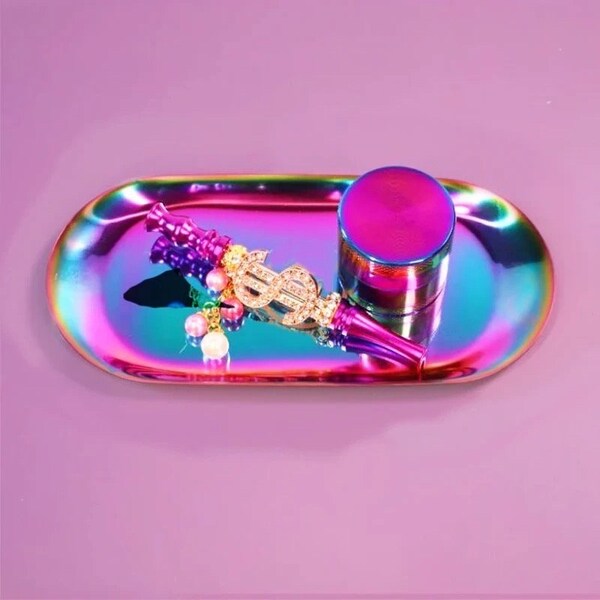 Purple and Pink Iridescent Hookah Mouthpiece with Matching 2mm Grinder and Rolling Tray