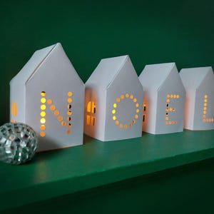 Christmas House Tea Light Set White Noel Christmas Paper Village, Winter Fireplace Mantle Decor, Cozy Holiday Accent Decoration, Putz Houses